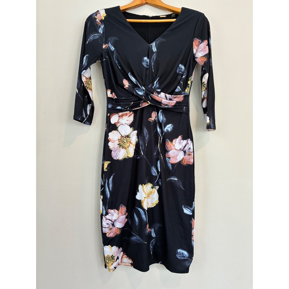 Tahari Floral Twist Front Midi Dress Black Pink‎ Yellow Size 4 Career Party